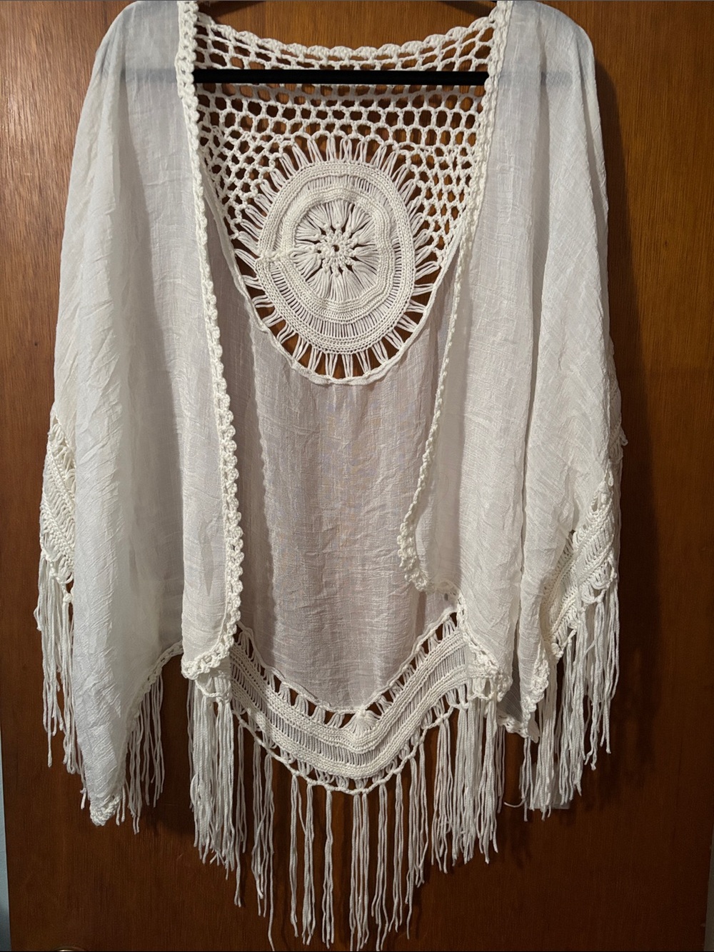 Boho Crochet Fringe Open-Front Kimono Jacket - White